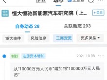 恒大恒驰新能源汽车研究院上海公司注册资本增加至10亿，增幅900%